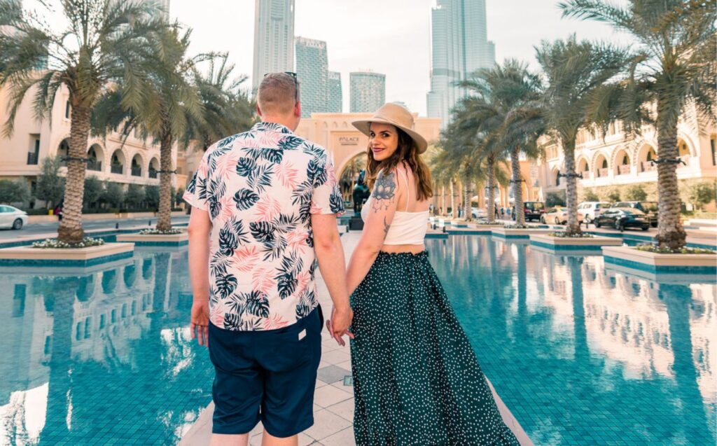 Romantic couple photoshoot in Dubai skyline backdrop